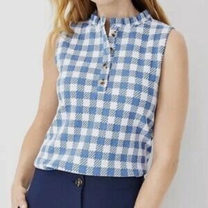Ann Taylor | Blue Buffalo Check Knit Ruffle Collar Buttoned Blouse | Large